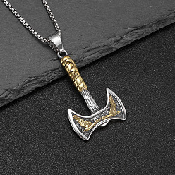 Argent Antique & Antique D'or 304 Colliers pendentifs hache viking en acier inoxydable pour hommes, argent antique & or antique, 23.62 pouce (60 cm)
