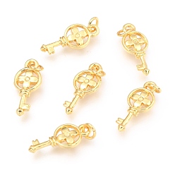 Real 18K Gold Plated Alloy Pendants, Long-Lasting Plated, with Jump Ring, Key with Flower, Real 18K Gold Plated, 16.5x7.5x2.3mm, Hole: 2.5mm