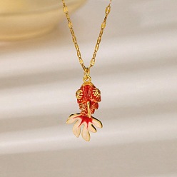 Red Summer Beach Brass Enamel Pendant Necklaces, Fish, Golden, Red, 15.75 inch(40cm), pendant: 30mm