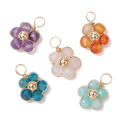 Золотой Подвески из натурального амазонита, апатита, розового кварца, аметиста и красного агата с круглыми гранеными бусинами, подвески-цветы в медной проволоке, золотые, 16x11~11.5x5.5~6 мм, отверстие : 3.5 мм