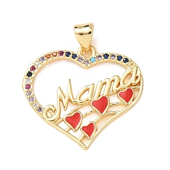 Золотой Подвески ко Дню матери из латуни с микропаве и разноцветными кубическими циркониями., сердце со словом мама прелести, золотые, 23.5x25.5x2 мм, отверстие : 3.5x2 мм