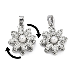 Платина Вращающиеся подвески из латуни с микропаве и прозрачными кубическими циркониями., с ABS имитации жемчуга, долговечный, , платина, 17.5x14.5x9 мм, отверстие : 4x2.5 мм