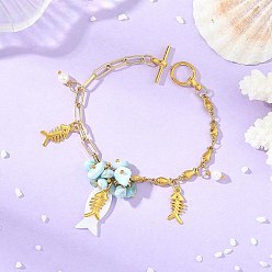 Golden Ocean Alloy Fish Multi-Charm Bracelets with Natural Larimar Chip Beads, 304 Stainless Steel & Brass Mixed Chain Bracelets for Women, Golden, 7.68 inch(19.5cm)