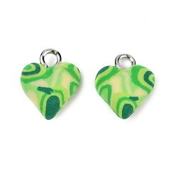 Зелено-Желтый Подвески из полимерной глины ручной работы, сердце, с платиновыми тоновыми железными петлями, зеленый желтый, 13x10x6 мм, отверстие : 2 мм