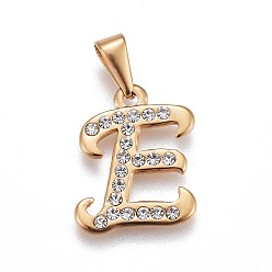 Letter E 304 Stainless Steel Pendants, with Rhinestone, Letter, Letter.E, 20.5x16.5x2mm, Hole: 3~3.5x7.5~8mm