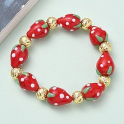 Красный Женские эластичные браслеты из латуни и бусин в технике лэмпворк, клубника, стойки покрытие, без свинца и без кадмия, долговечный, реальный 18 k позолоченный, красные, внутренний диаметр: 2 дюйм (5.2 см)