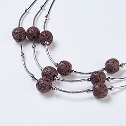 Coconut Brown Waxed Cord Tiered Necklace, 3 Layer Necklaces, with Lava Rock Beads and Brass Findings, Coconut Brown, 20.47 inch(52cm)