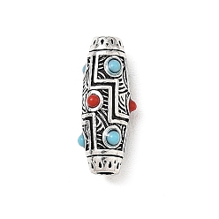 Antique Silver Alloy Beads, with Resin, Barrel with Ethnic Pattern, Rack Plating, Long-Lasting Plated, Mixed Color, Antique Silver, 19x7x8mm, Hole: 2.5mm