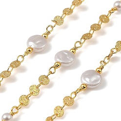 Настоящее золото 18K Латунные цепные цепи, с ABS имитации жемчуга, несварные, с катушкой, плоско-круглые, без кадмия, без никеля и без свинца, реальный 18 k позолоченный, 20x4x1 мм, около 32.81 футов (10 м) / рулон