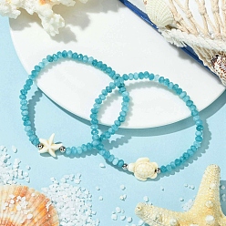 Темный Голубой 2шт. 2 стили синтетических бирюзовых и окрашенных натуральных нефритовых бусин-ронделей из Малайзии эластичные браслеты для женщин, черепаха и морская звезда, темные голубые, внутренний диаметр: 2.05~2.13 дюйм (5.2~5.4 см), 1 шт / стиль