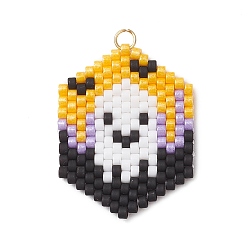 Ghost Подвески из стеклянных бусин на тему Хэллоуина, шестиугольник, с 304 кольцом из нержавеющей стали, реальный 18 k позолоченный, призрак, 30.5x24x2.5 мм, отверстие : 2.5 мм