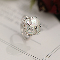 Платина Квадратные кольца из стерлингового серебра с родиевым покрытием и натуральным барочным пресноводным жемчугом для женщин, платина, внутренний диаметр: 925 мм