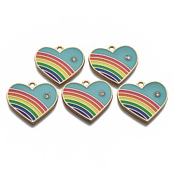 Medium Turquoise Alloy Enamel Pendants, Light Gold, with Rhinestone, Cadmium Free & Nickel Free & Lead Free, Heart, Medium Turquoise, 21.5x23.5x2.5mm, Hole: 1.8mm