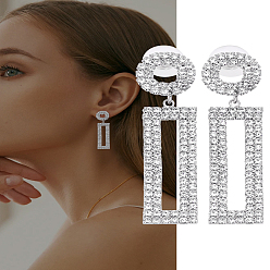 Platinum 1 Pairs Brass Rhinestone Ring with Rectangle Dangle Stud Earrings for Women, Platinum, 56x13mm