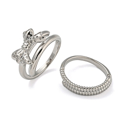 Платина Двойные кольца из латуни с бантом и микро-паве с прозрачным фианитом, для женщин, без кадмия и без свинца, платина, внутренний диаметр: 17.8 мм, бант : 11x16.5 мм, 2 шт / комплект