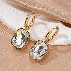 Прозрачный Ионное покрытие (ip) 304 серьги-кольца из нержавеющей стали, прямоугольная стеклянная серьга с подвеской для женщин, золотые, прозрачные, 31 мм, штифты : 0.9 мм