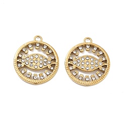 Настоящее золото 18K Ионное покрытие (ip) 316 подвески из нержавеющей стали, без никеля , со стразами, плоский круглый с конским глазом, реальный 18 k позолоченный, 21x18x2.5 мм, отверстие : 1.8 мм