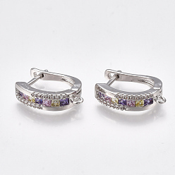 Платина Серьги-кольца из латуни с микропаве из кубического циркония с застежкой сзади, с горизонтальной петлей, без кадмия и без свинца, платина, 20x15x4.5 мм, отверстие : 1.5 мм, штифты : 1.2x0.6 мм