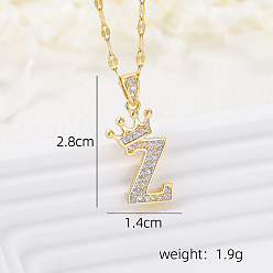 Letter Z Латунные микропаве прозрачные кубические цирконии корона инициал кулон ожерелья, реальный 18 k позолоченный, Письмо Z, 15.75 дюйм (40 см)