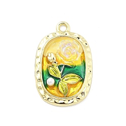 Золотой Подвески из эмали и сплава, с пластиковой имитационной жемчужиной, овал с цветочной подвеской, золотые, 26.5x17x5 мм, отверстие : 2 мм
