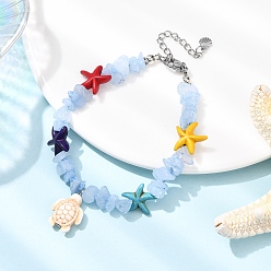 Аквамарин Комплекты браслетов с подвесками в виде черепахи из натуральной аквамариновой крошки, бусинами из морской звезды и синтетической бирюзы, 7-5/8 дюйм (19.4 см)