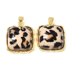 Квадрат Кулоны из латуни и смолы с леопардовым принтом, без кадмия и без свинца, долговечный, стойки покрытие, реальный 18 k позолоченный, квадратный шарм, 24x20x8.5 мм, отверстие : 5x4 мм