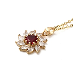 Dark Red Brass Micro Pave Cubic Zirconia Flower Pendant Necklaces for Women, 201 Stainless Steel Cable Chain Necklaces, Dark Red, 15.94 inch(40.5cm)