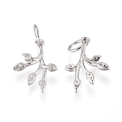 Platinum Brass Charms, with Cubic Zirconia and Jump Rings, Leaf, Clear, Platinum, 14x10.5x2mm, Hole: 3.5mm