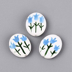 Cornflower Blue Hand Painted Tulip Flower Oval Porcelain Beads, Floral Ceramic Beads, Cornflower Blue, 18~21x15~17x5~6mm, Hole: 1.8~2mm