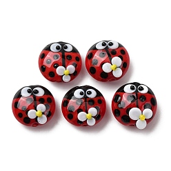 Красный Бусины лэмпворк , божья коровка и цветок, красные, 14x7.5 мм, отверстие : 1.5 мм