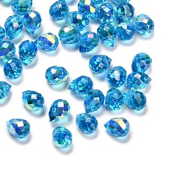 Синий Прозрачные стеклянные амулеты, слеза, граненые, с покрытием AB цвета, синие, 10x7.5 мм, отверстие : 1.2 мм