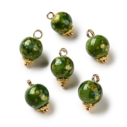Зеленый Подвески из сплава и стекла, окрашенные аэрозольной краской, круглые подвески, с блеском порошок, золотые, зелёные, 16x10.5 мм, отверстие : 2.5 мм