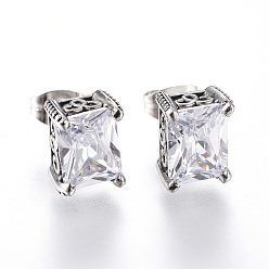Прозрачный 316 серьги-гвоздики из хирургической нержавеющей стали, прямоугольные, с кубического циркония, античное серебро, прозрачные, 10x8x6 мм , штифт: 0.8 мм