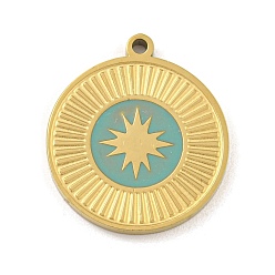 Средний Бирюзовый 316 хирургические эмалевые подвески из нержавеющей стали, плоский круглый с шармом в виде звезды, золотые, средне бирюзовый, 17x15x1.8 мм, отверстие : 1.2 мм