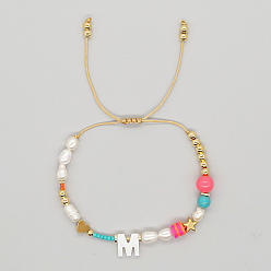 Letter M Initial Letter Natural Pearl Braided Bead Bracelet, Adjustable Bracelet, Letter M, 11 inch(28cm)