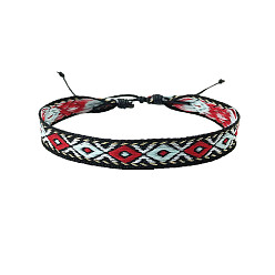 Cyan Bohemia Polyester Braided Flat Cord Bracelet, Adjustable Bracelet for Women, Cyan, 6-1/2~9-7/8 inch(16.5~25cm)