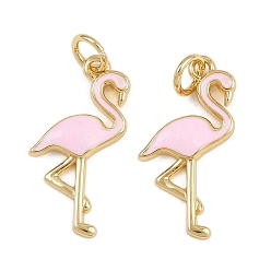 Pink Латунь эмаль подвески, подвески в форме фламинго, с прыжковых колец, стойки покрытие, реальный 18 k позолоченный, без свинца и без кадмия, долговечный, розовые, 21x11x2 мм, отверстие : 3.4 мм