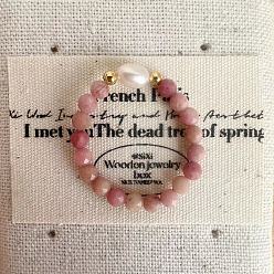 Родонит Кольца из латуни, натурального пресноводного жемчуга и натурального родонита с бусинами, круглые, внутренний диаметр: 18~20 мм