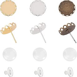 Mixed Material DIY Earring Making Kits, with Brass Stud Earring Settings, Silicone Ear Nuts and Transparent Glass Cabochons, Antique Bronze & Golden & Platinum, Mixed Color, Stud Earring Settings: 13mm, Tray: 12mm, Pin: 0.6mm, 90pcs/box