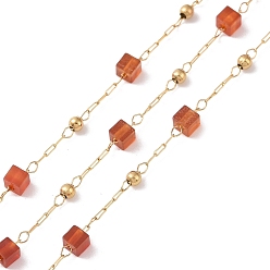 Red Agate Natural Red Agate Square Beaded Chains, with Golden 304 Stainless Steel Findings, Unwelded, 2~3x2~2.5x2~2.5mm, about 3.28 Feet(1m)/Box