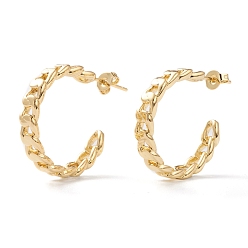 Real 18K Gold Plated Semicircular Brass Half Hoop Earrings, Stud Earrings, with Ear Nuts, Long-Lasting Plated, Curb Chain Shape, Real 18K Gold Plated, 4.5x24mm, Pin: 0.8mm