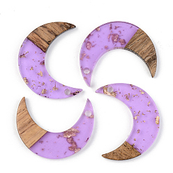 Лиловый Подвески из прозрачной смолы и ореха, золотой фольгой, луна, сирень, 28x22x3 мм, отверстие : 2 мм