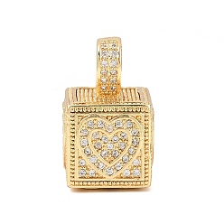 Сердце Латунные микро проложить кубического циркония подвески, квадратные амулеты, стойки покрытие, долговечный, без кадмия и без свинца, реальный 18 k позолоченный, сердце, 19~20x12x12 мм, отверстие : 6x4.5 мм