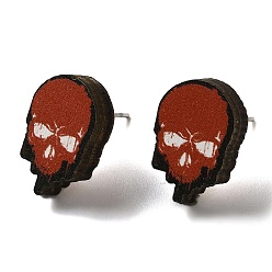 Skull Деревянные серьги-гвоздики, с 316 хирургическим стержнем из нержавеющей стали, Хэллоуин тема, огнеупорный кирпич, череп, 16x11 мм