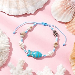 Светло-Голубой Браслеты из бисера и стеклянных бусин, регулируемые браслеты из ракушек и синтетических бирюзовых бусин для женщин, форма ракушки и рыбы, Небесно-голубой, внутренний диаметр: 2 ~3-1/4 дюйм (5.1~8.2 см)