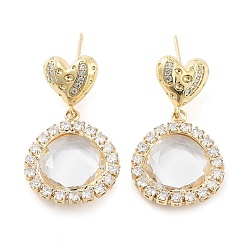Light Gold Brass with Glass Dangle Stud Earrings, Heart with Flat Round, Light Gold, 31x17.5~18mm