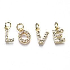 Letter A~Z Brass Micro Pave Clear Cubic Zirconia Charms, with Jump Rings, Real 18K Gold Plated, Cadmium Free & Nickel Free & Lead Free, Alphabet, Letter A~Z, 11~12x5.5~9x2.5mm, Hole: 3mm