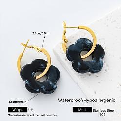 Marine Blue 304 Stainless Steel Resin Hoop Dangle Earrings for Women, Flower, Golden, Marine Blue, 23x25mm