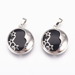 (946F)Морозный цвет внутри  Жонкиль / Непрозрачная зеленая подкладка Натуральный черный агат подвески, с латунной фурнитурой , плоские круглые со звездой, платина, окрашенные, 27x23x6.5 мм, отверстие : 5x8 мм