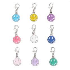 (52) Непрозрачная лаванда 9Шт подвесные украшения из сплава эмали, Сплав с застежками когтя омара, плоские круглые с улыбающееся лицо, разноцветные, 28 мм